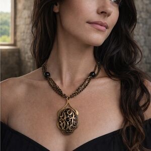 Jan Michaels San Francisco Brass & Black Stone Statement Pendant Necklace